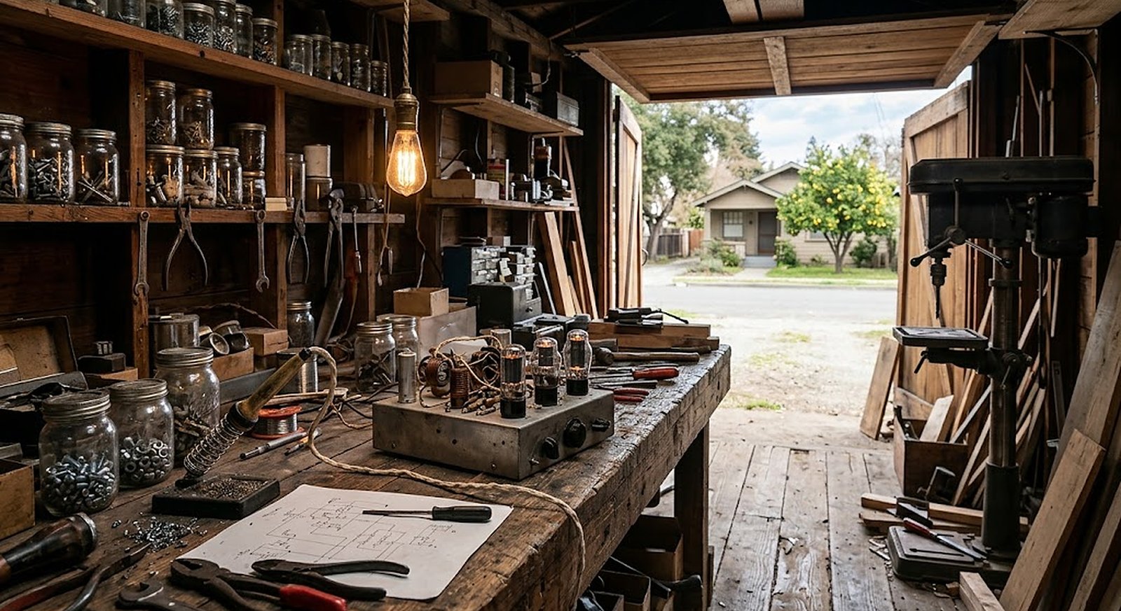 Cluttered 1930s garage workshop with an audio oscillator on a workbench, showing how HP started