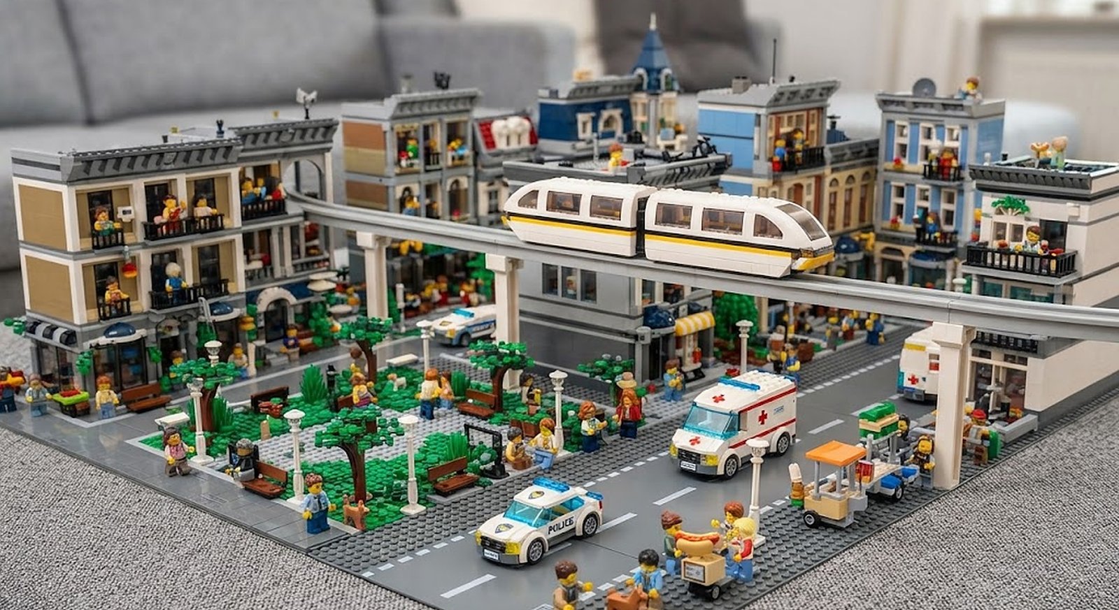 How LEGO started: a LEGO-style city built on a living room floor, with a monorail, police car, ambulance, park and minifigures