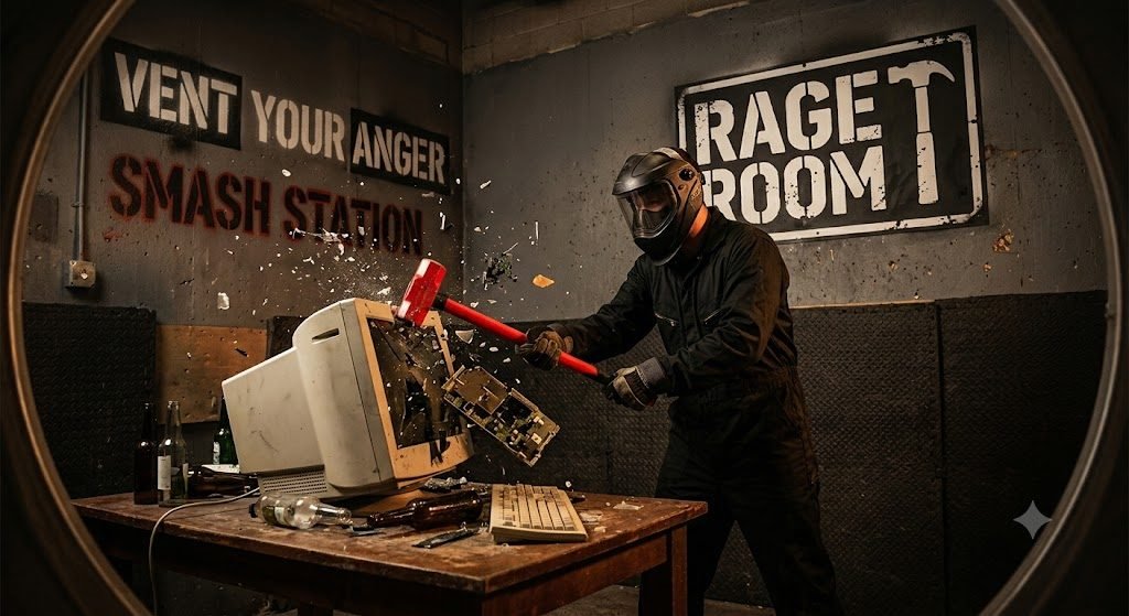A person in protective gear smashing an old computer monitor with a sledgehammer inside a rage room
